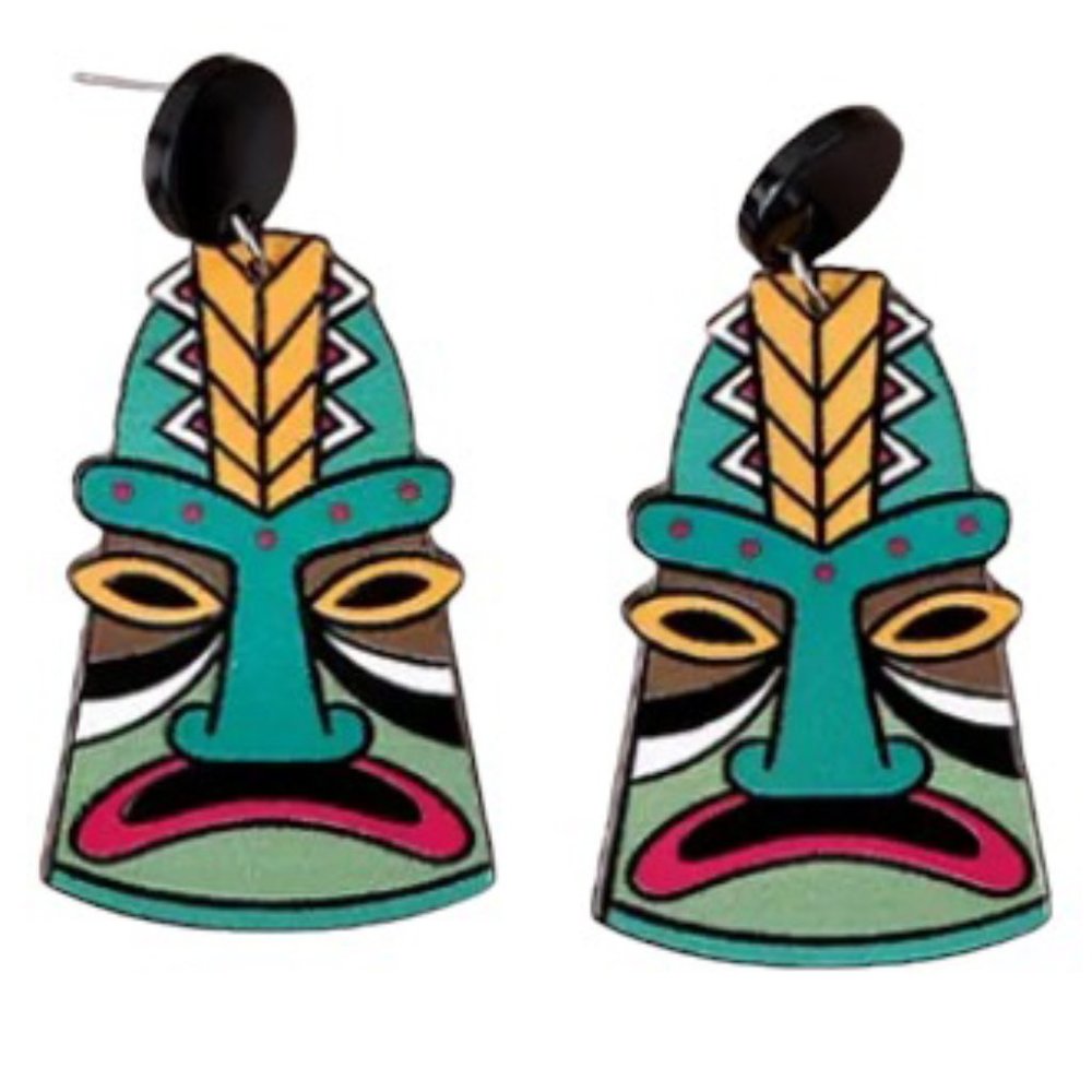 Large Big Colourful Hawaiian Tiki Mask Statement Earrings Multi Coloured